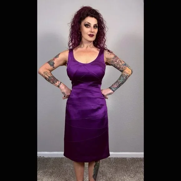 90s Jax Purple Sheath Dress Bodycon 60s Retro Mod MCM Pinup Rockabilly 10 - Picture 1 of 13